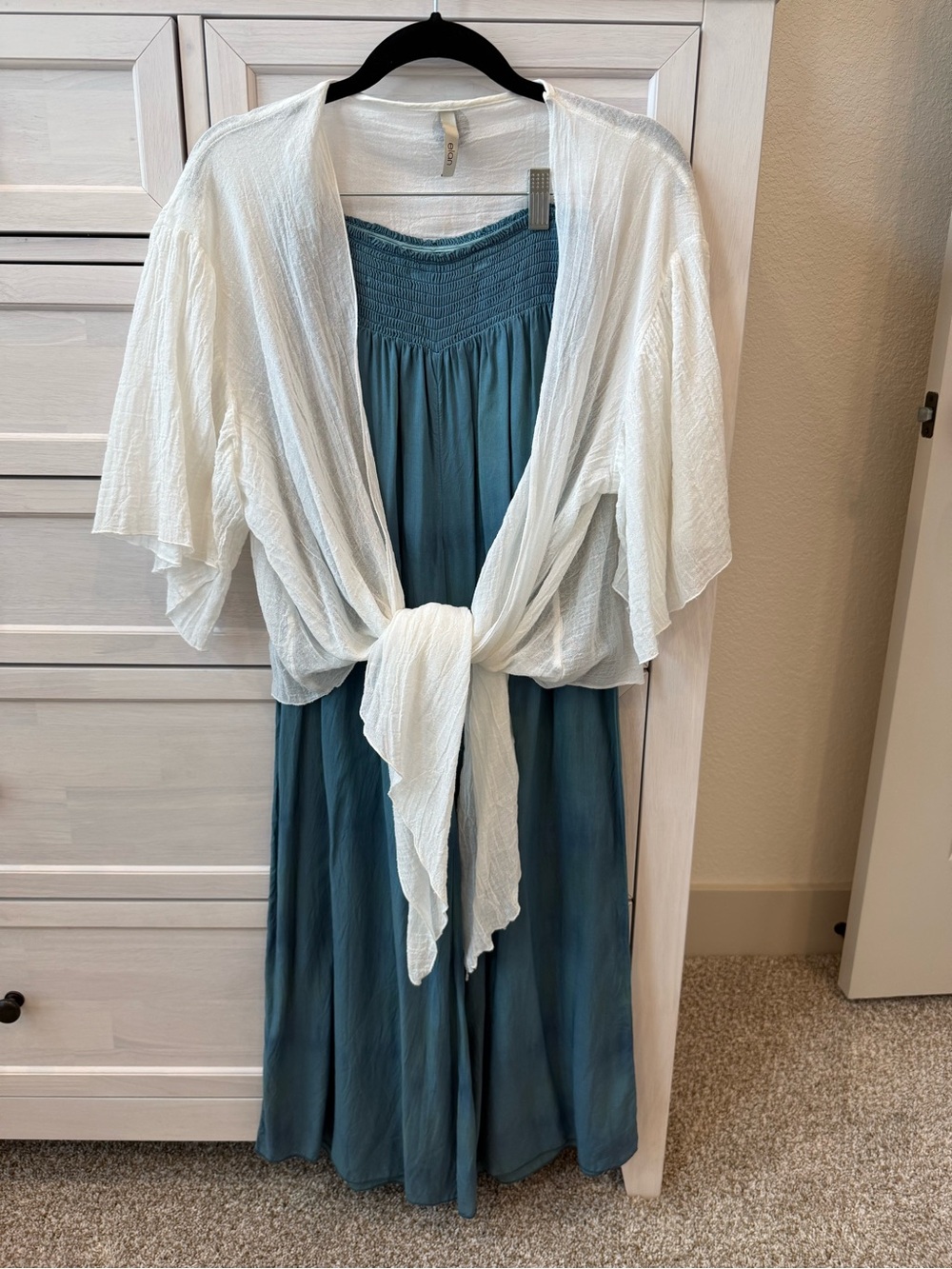 Elan Lightweight White Tie-Front Cover-Up with Teal pants Size S